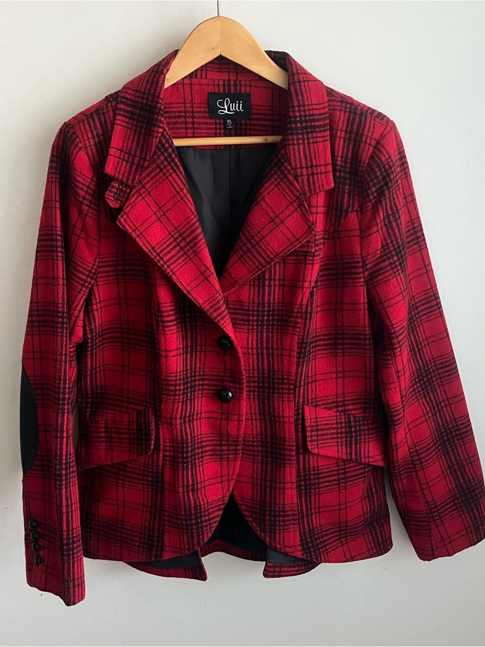 Luii Red & Black Plaid Blazer Jacket with Elbow Patches - Size XL